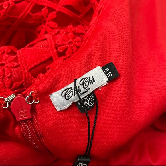 Chi Chi London Bardot Premium Lace Mid Dress Red Crochet NWT Size 12 - Picture 9 of 9